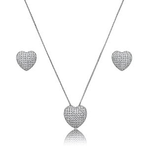 Colar e brinco coração zircônia ródio semijoia 18k12012