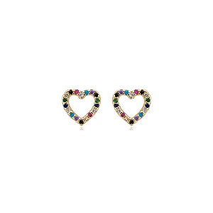 Brinco coração zircônias coloridas ouro semijoia 21a04008