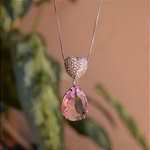 Colar coração cristal rosa zircônia ródio semijoia AD 424