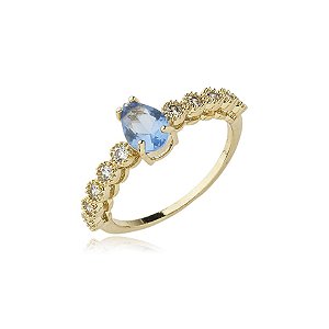 Anel meia aliança zircônia gota azul ouro semijoia DA 497
