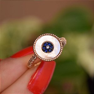 Anel olho grego madrepérola zircônia azul cristal ouro semijoia DA 276