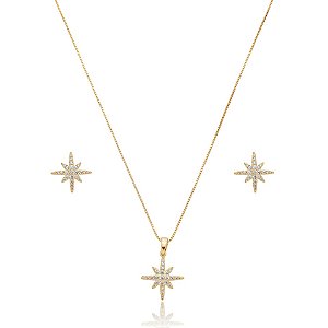 Colar e brinco estrela zircônia ouro semijoia TZ-210361
