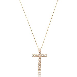 Colar crucifixo zircônia baguete ouro semijoia XL-210908
