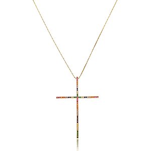 Colar crucifixo palito zircônia colorida ouro semijoia XL-210806
