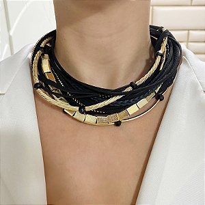 Colar Lázara Design camurça preto com dourado