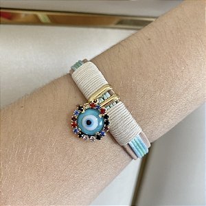 Pulseira ajustável Leka couro sintético fio de seda azul com verde