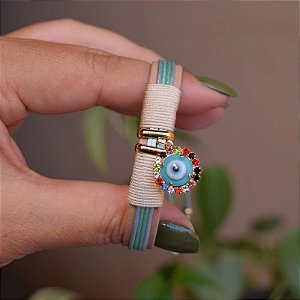 Pulseira ajustável Leka couro sintético fio de seda azul com verde