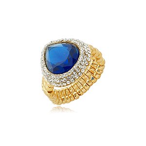 Anel ajustável Nino Bran gota cristal azul ouro semijoia