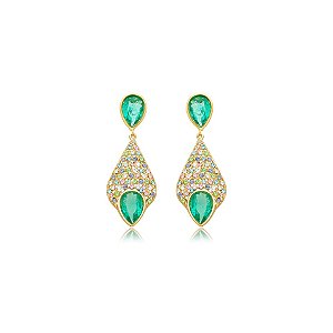 Brinco Nino Bran gota verde cristais coloridos ouro semijoia