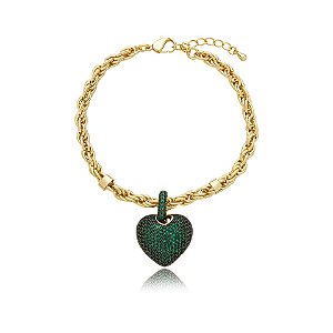 Pulseira corrente coração zircônia verde ouro semijoia PU 783