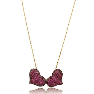 Colar corações zircônia pink ouro semijoia BA 2050