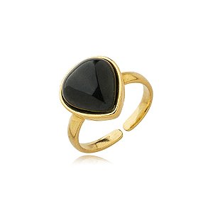 Anel pedra natural ágata preta gota ouro semijoia