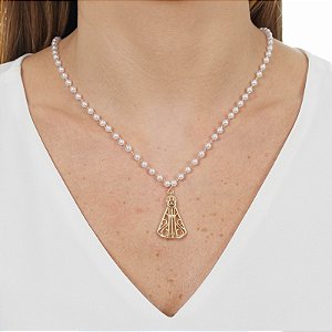 Colar Nossa Senhora pérola ouro semijoia XD 544