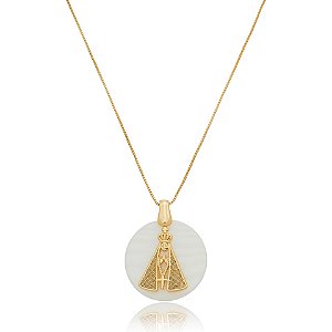 Colar Nossa Senhora Aparecida madrepérola ouro semijoia XD 529
