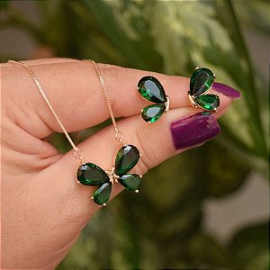 Colar e brinco borboleta cristal verde esmeralda ouro semijoia