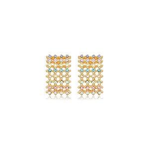 Brinco retangular Nino Bran cristais coloridos ouro semijoia
