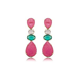 Brinco gota cristal fusion rosa e verde ouro semijoia