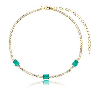 Colar choker zircônia cristal verde ouro semijoia