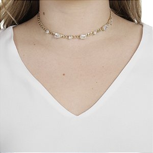 Colar choker zircônias ouro semijoia