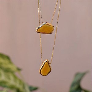 Colar duplo Ayla pedra natural feldspato amarelo ouro semijoia