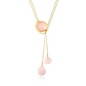 Colar Ayla pedra natural quartzo rosa ouro semijoia