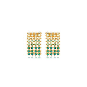 Brinco retangular Nino Bran cristais azuis ouro semijoia