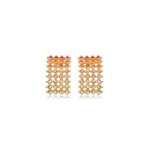 Brinco retangular Nino Bran cristais rosa ouro semijoia