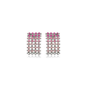 Brinco retangular Nino Bran cristais rosa ródio semijoia