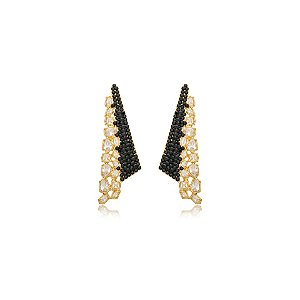 Brinco Nino Bran frontal cristais preto ouro semijoia