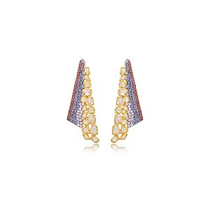 Brinco Nino Bran frontal cristais roxo e lilás ouro semijoia