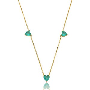 Colar Elaine Palma corrente coração cristal fusion esmeralda ouro semijoia