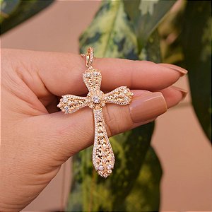 Colar Elaine Palma crucifixo zircônia ouro semijoia
