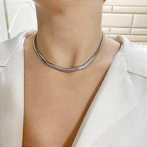 Colar choker malha grossa metal ródio semijoia