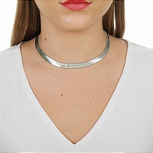 Colar choker malha grossa metal ródio semijoia