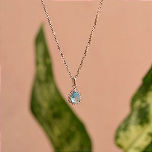 Colar curto gota zircônia cristal azul aqua ródio semijoia