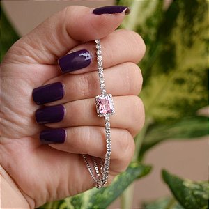 Pulseira gravatinha zircônia cristal rosa ródio semijoia BA 422