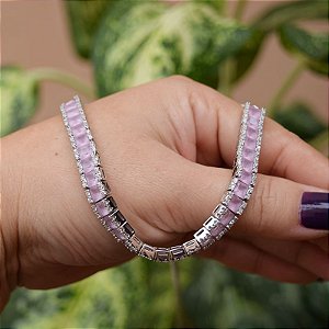 Colar choker gravatinha zircônia cristal rosa leitoso  ródio semijoia BA 195