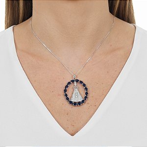 Colar oval Nossa Senhora Aparecida zircônia cristal azul ródio semijoia MS 103