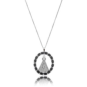 Colar oval Nossa Senhora Aparecida zircônia cristal azul ródio semijoia MS 103