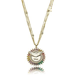 Colar triplo Espírito Santo zircônias coloridas ouro semijoia XD 864