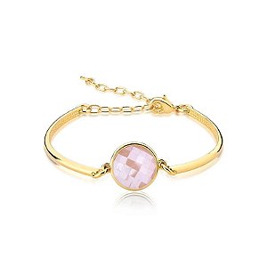 Bracelete ajustável pedra natural quartzo rosa perolado ouro semijoia