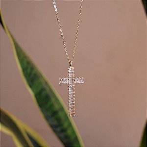 Colar corrente crucifxo zircônia cristal ouro semijoia