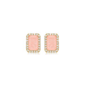 Brinco retangular zircônia cristal salmão ouro semijoia