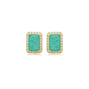 Brinco retangular zircônia cristal verde ouro semijoia