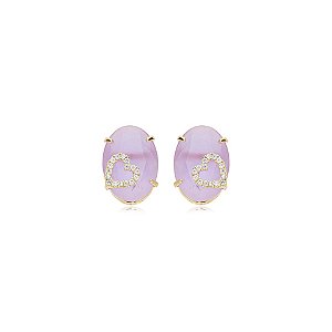 Brinco oval cristal lilás leitoso ouro semijoia