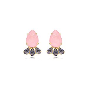 Brinco gota cristal fusion rosa e violeta ouro semijoia