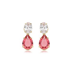 Brinco gota cristal rosa ouro semijoia