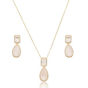 Colar e brinco gota zircônia cristal ouro semijoia TZ-220318