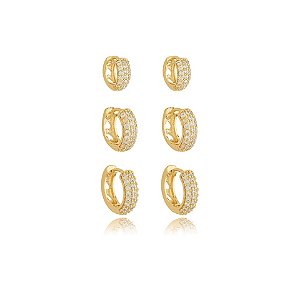 Kit 3 brincos argolinhas zircônia ouro semijoia E220302