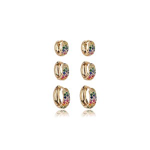 Kit 3 brincos argolinhas zircônia colorida ouro semijoia E220302